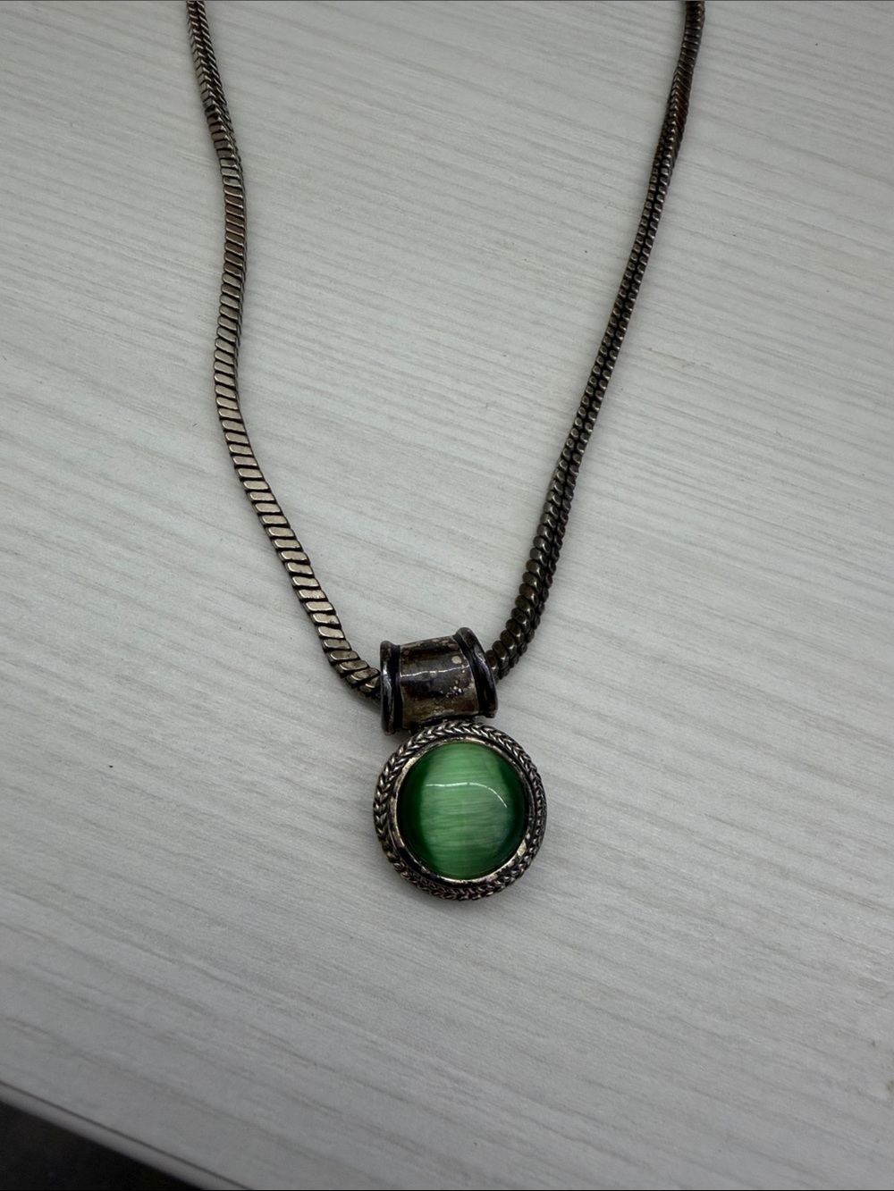 Green Stone Pendant Necklace with Antique Silver Chain
